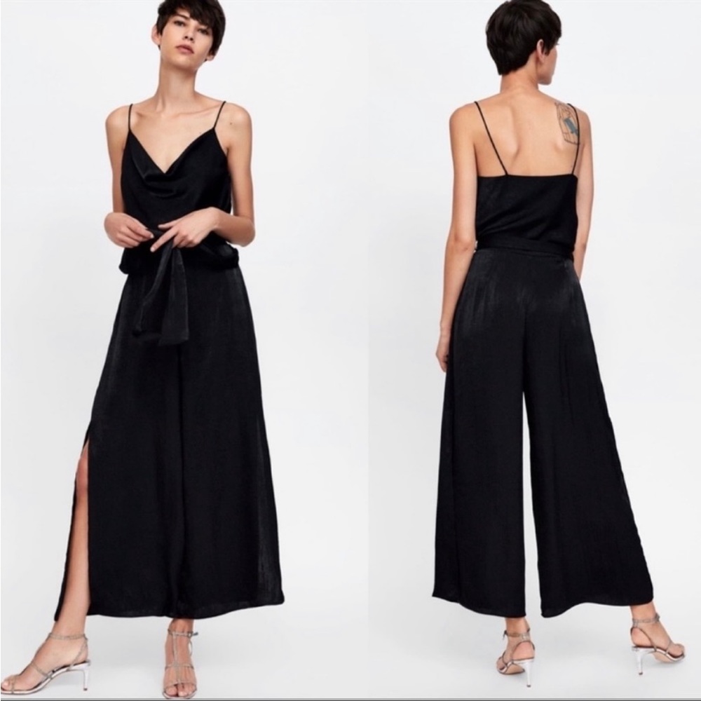 ZARA wide leg satin jumpsuit Black tank tie waist side slit size medium solid